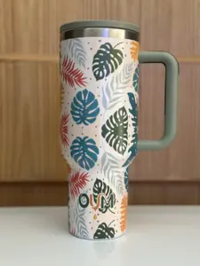 OUM Botanical Leaf 40oz Nature with Handle Tumbler Stainless Steel- Car Cup Holder Safe & Leak-Resistant, Recycled Stainless Steel