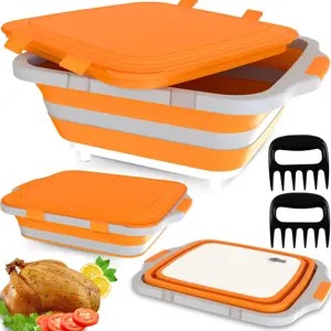 BBQ Prep Tub with 2 count Meat Shredder Claws, Collapsible  Board,  Board with Locking , Drip Easy BBQ Prep Tub with lid-XL Size (Orange)