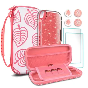 F-APT08  Carrying Case for Nintendo Switch lite, Shockproof Portable Travel Bag with Glitter Galaxy cover, Screen Protectors and Cute Leaf Thumb Grips Caps, Animal Crossing Pink