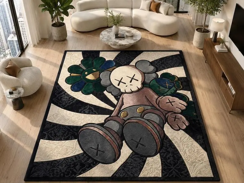 Pop Art Area DOORMAT, KAWS and Murakami Inspired Hypebeast Carpet with Black and White Spiral Background, Custom Size Room Decor