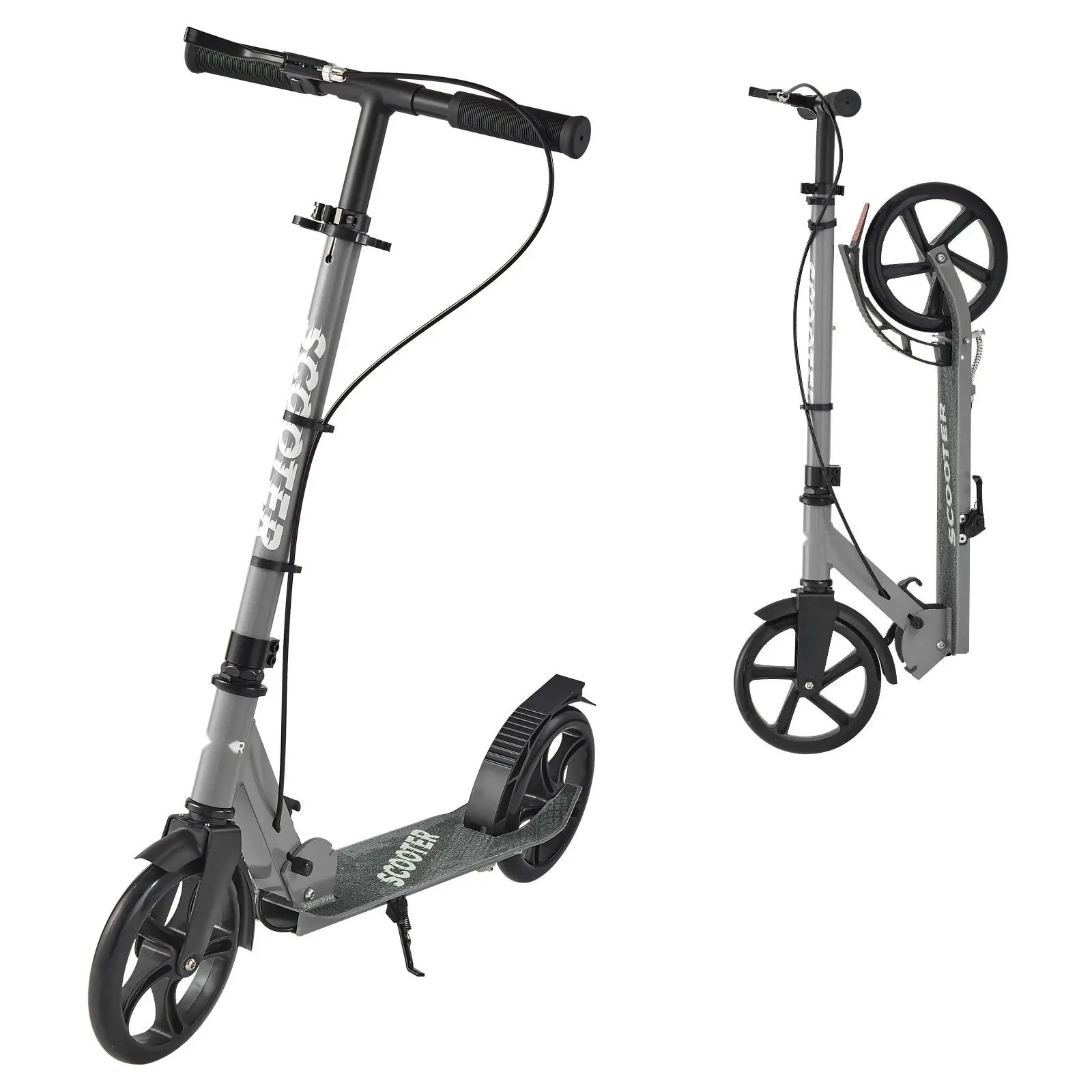 Kick Scooter For Kids Ages 8 And Up, Teens And Adults, 2-Wheel Scooter With Adjustable Height Handlebar, Wide Anti-Slip Deck, Foldable Lightweight Frame For Boys And Girls Up To 220 Lbs, Gray
