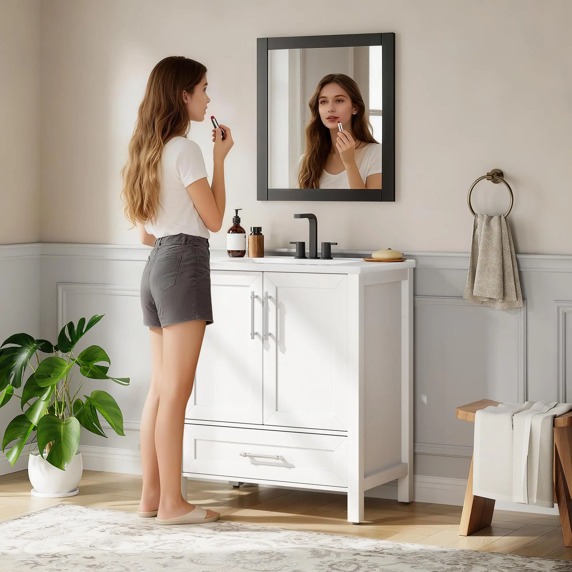 Modern Bathroom Vanity Set with Ceramic basin – Freestanding Cabinet with Drawer & Soft-Close Doors – Single basin, Easy Assembly, Space-Saving Storage – Natural Wood Finish, 30 Inches