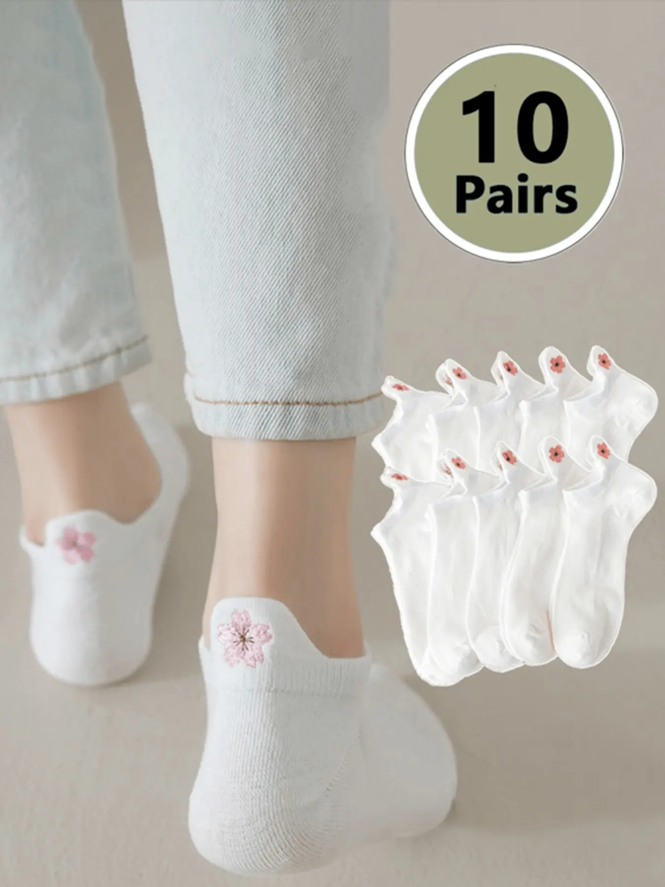 10 Pairs Embroidered Floral Cherry Blossom Casual Knit Ankle Socks, Cute and Versatile, Perfect for Everyday Wear, Comfortable and Stylish