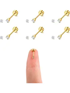 6 Pair 2mm Tiny Gold Stud Earrings for Women Men Teens Surgical Steel Cartilage Flat Back Stud Earrings Hypoallergenic Comfy Screw Back Earrings CZ Ball Small Stud Earrings Set Stud Earrings Jewelry