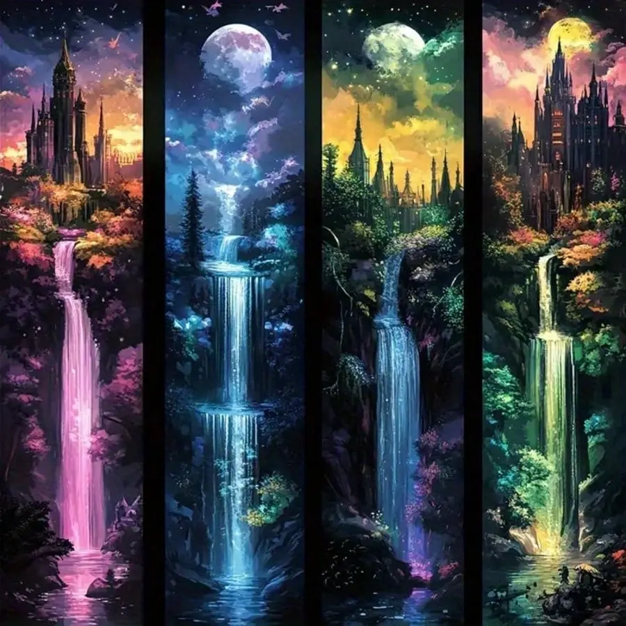 Moon With Castle Waterfall Diamond Painting Kits For Adults 5D Full Drill Mosaic Diamond Art Kits For Beginner Beginner Friendly DIY Diamond Dots Paintings With Arts Craft For Adults Home Decor