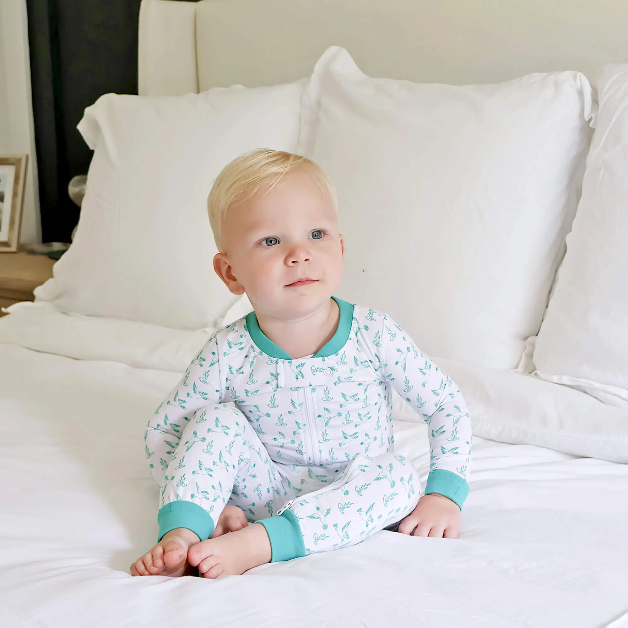 Mallard Pond Zip Sleeper for Baby & Toddler - Soft Knit Duck Print with Green Trim