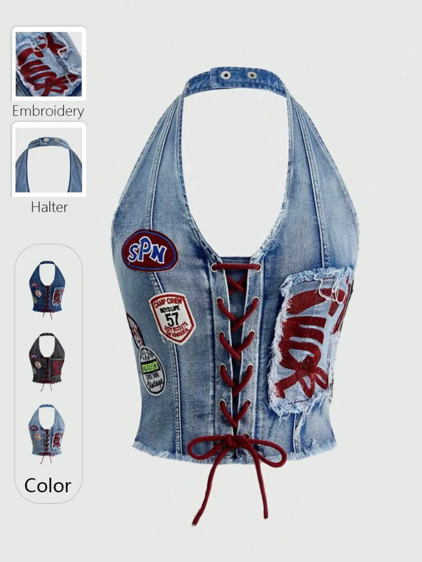 Women's Summer Halter Neck Light-Wash Denim Patchwork Casual Fitted Vest Top with Adjustable Drawstring, Slim-Fit Sleeveless Vintage Y2K Streetwear Street Style