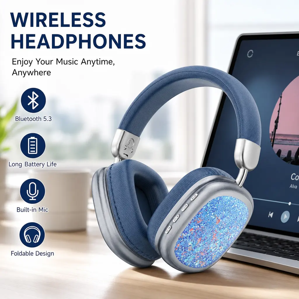 MAKUPARTIST Over Ear Wireless Headphones with Microphone - 3.5 mm Jack, Shiny Ear Cups, Headset Audio, Ideal Birthday Gift for Mobile Use, Over Ear Headphones