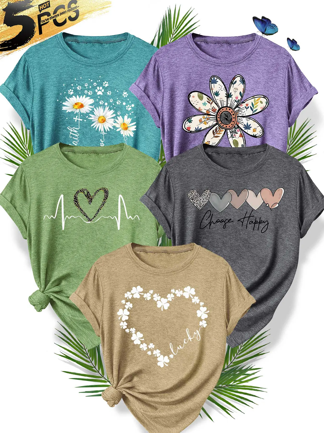 Women's 5Pcs Crew Neck T-Shirt, Daisy Heart & Leopard Print Heart Combo Print, Multiple Colors Available, Machine Washable, Spring & Summer Tops, Soft Skin-Friendly Fabric, Daily Versatile, Fashion Design
