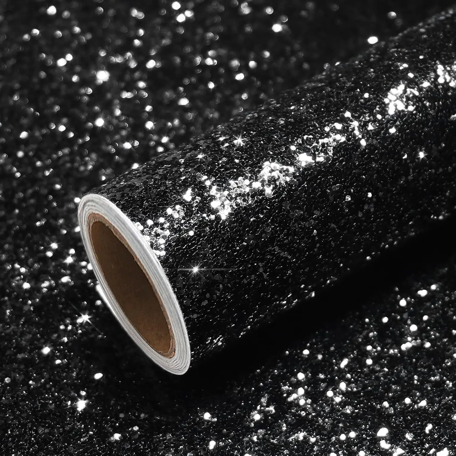 Luxury Black Chunky Glitter Peel and Stick Wallpaper 15.7''x354'' Self Adhesive Black Sequin Wallpaper for Bedroom Accent Wall Removable Glitter Fabric Vinyl Roll for Room Decor Furniture