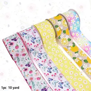 Floral Wired Edge Ribbon Roll, 10 Yard Width 6.3 Cm, Summer Diy Decorative Ribbon with Butterfly Appliques for Wreaths Crafts Gift Wrapping