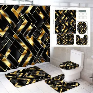 1/4pcs Black Gold Geometric Bathroom Set 4pc - Shower Curtain, Toilet Seat Cover, Bath Mat, Contour Mat, Bathroom Accessory - Modern Design Bathroom Decoration Accessories for Christmas, New Year, Housewarming, Birthday Gift