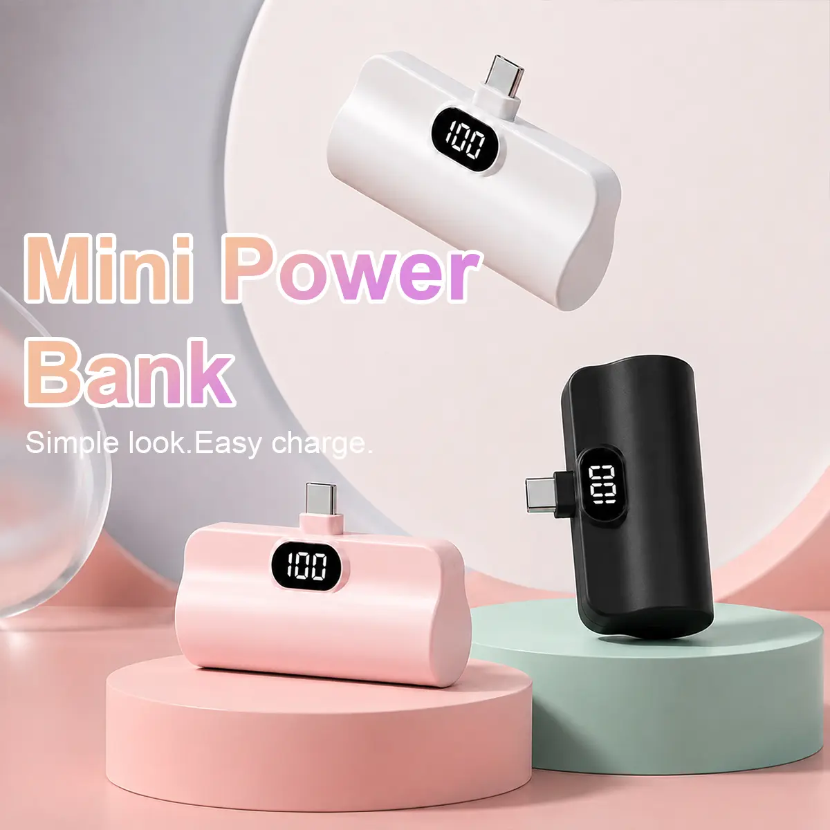 5000mAh Mini Compact Portable Charger with Built-in USB-C Cable, Single-Port Ultra-Compact External Battery Pack with LED Digital Display for iPhone 15/16, Samsung, Android/iOS Devices, Travel Essential, Built-In Cable phone stand