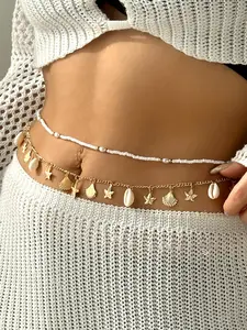 2 Pcs Boho Style Waist Chain, Summer Beach Vacation Theme, Starfish Shell Conch Bead Double Layer, All Seasons Fashion Accessory, Body Jewelry