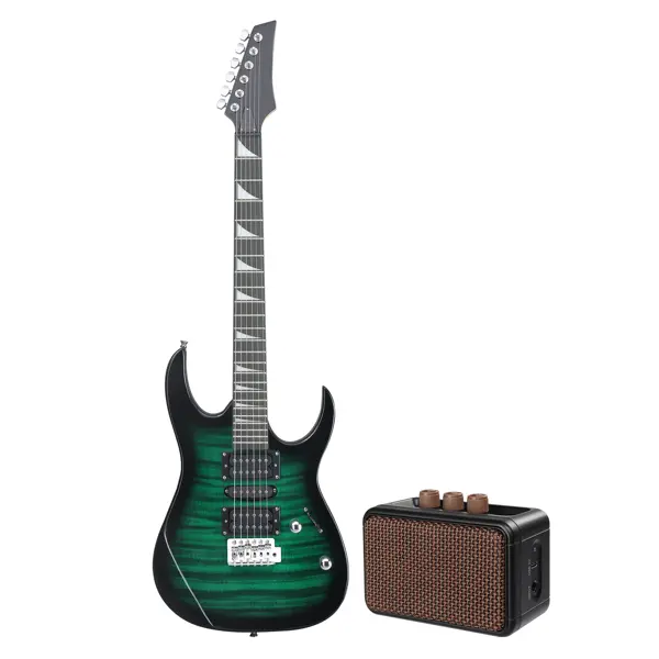 38.2in 170 Model HSH Pickups Black Electric Guitar Complete Starter Kit - Fusion, Hard Rock Compatible, 1 Tone Knob, 6.35mm Standard Jack, 1/4in Headphone Jack, Tiger-Striped Green Finish, Indoor Use, Shoulder Strap None Included, Punk