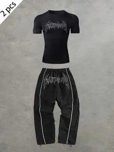Men's Sportswear Set, High Elasticity Sporty Round Neck Short Sleeves & Tight-Fitting Pants, Casual Street Style, Suitable for All Seasons