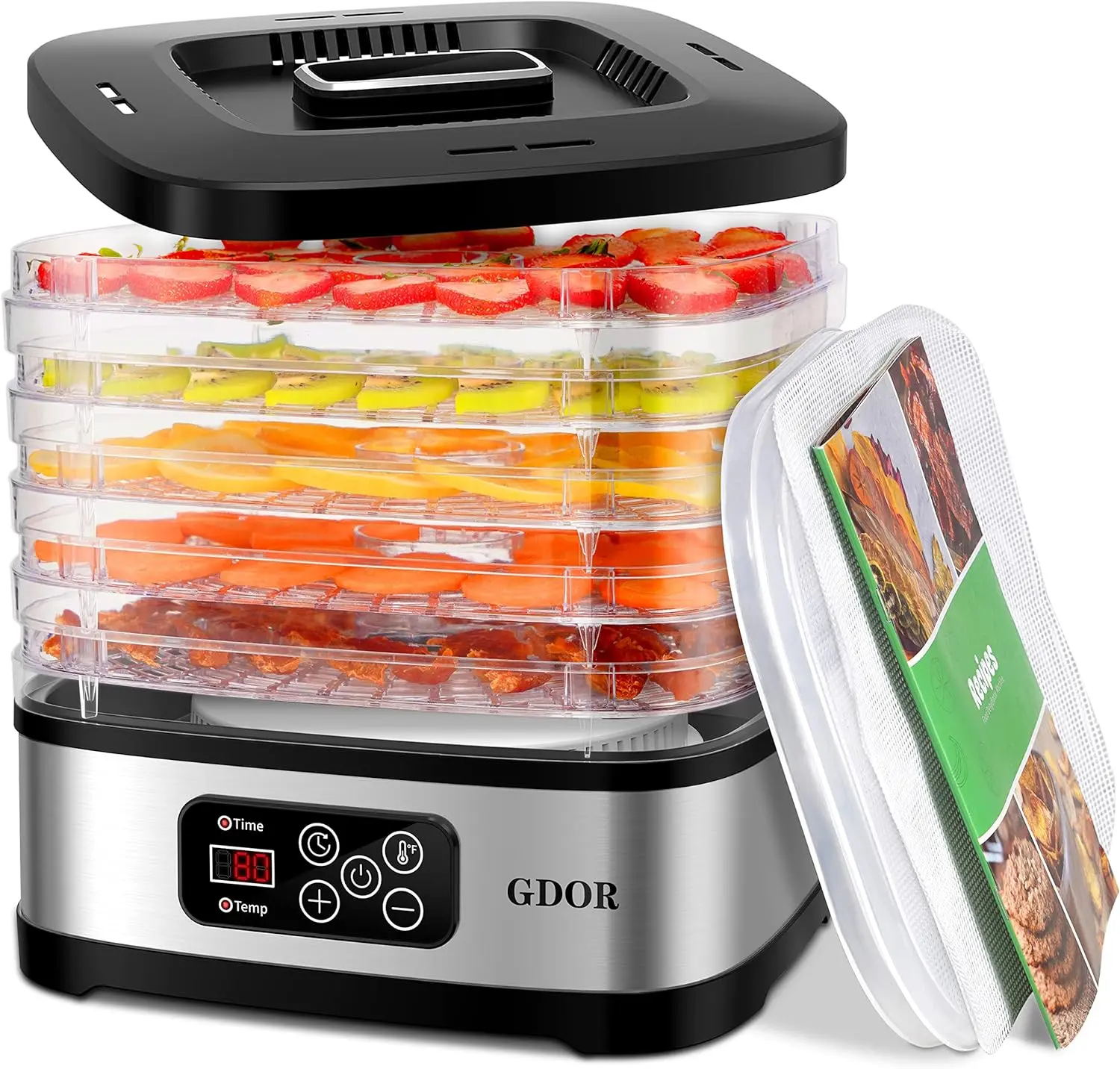 GDOR 5-Tray Food Dehydrator, BPA-Free Kitchen Appliance with Temp Control, 72H Timer, LED Display, Digital Control, 240W, Automatic Shutoff, Mesh Screen, Fruit Roll Sheet, 50-Recipe Cookbook (for Jerky, Dog Treats), 240 Watts