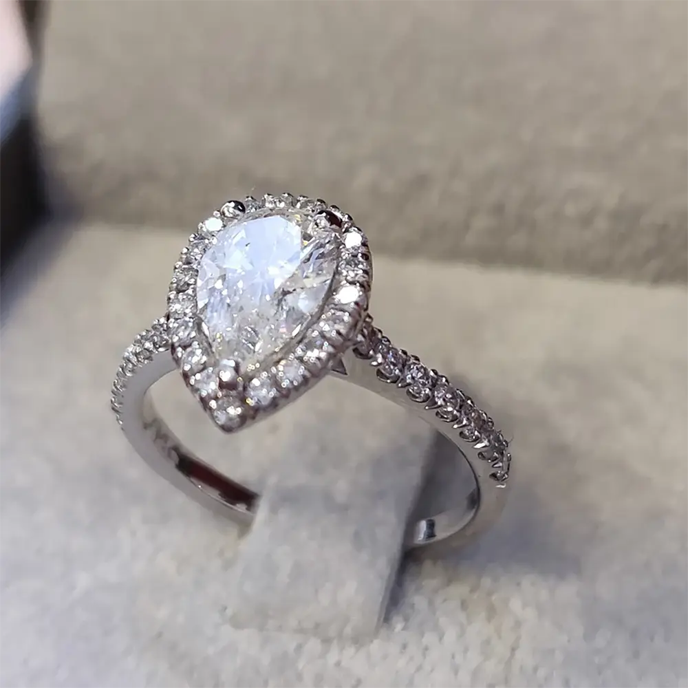 Waterdrop Moissanite Engagement RingCertified 925 Sterling Silver Pear Cut Halo Diamond Wedding Band for Women
