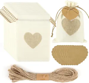 24PCS Jute Bags with Drawstring & Heart-Shaped Gift Tags, Small for Filling, Cotton Bags, Ramadan Calendar, Jewellery, Wedding, Gift Bags, 13 x 18 cm