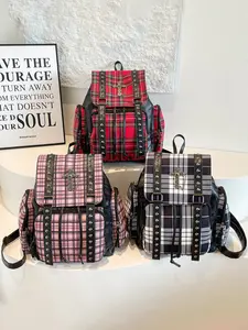 High-Quality Plaid Backpack, School Backpack, Rivet + Cross Design, Punk Style, Casual All-Season Bag, Perfect for Students and Trendy