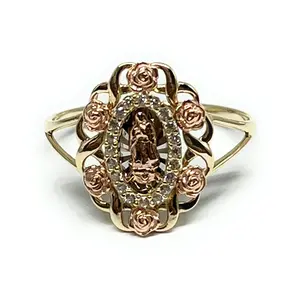 10k Solid Gold Tri-Color Virrgin Mary Flower CZ Ring (FC 161)