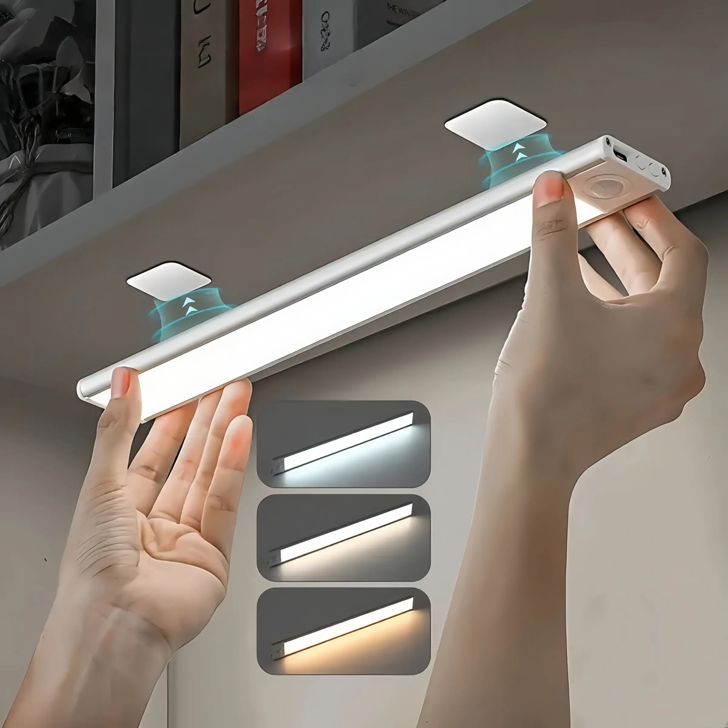 LED Motion Sensor Cabinet Light, 3 Color Adjustable, USB Rechargeable Night Lamp, Adjustable Indoor Lighting, Magnetic Under Counter Lighting for Kitchen Cabinets, Dimmable Cabinet Lights, Interior Led Lights