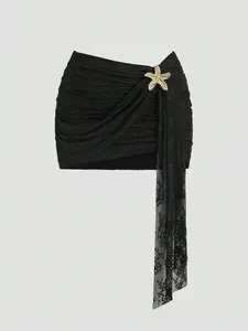 Women's Solid Color Floral Lace Mini Skirt, High Waist, Ruched Wrap Front, Starfish Embellishment, Asymmetric Lace Draped Sash, Fully Lined, Stretchy Breathable Fabric, Beach Vacation, Date Night & Clubwear, Sexy Y2K Edgy Vacation Style