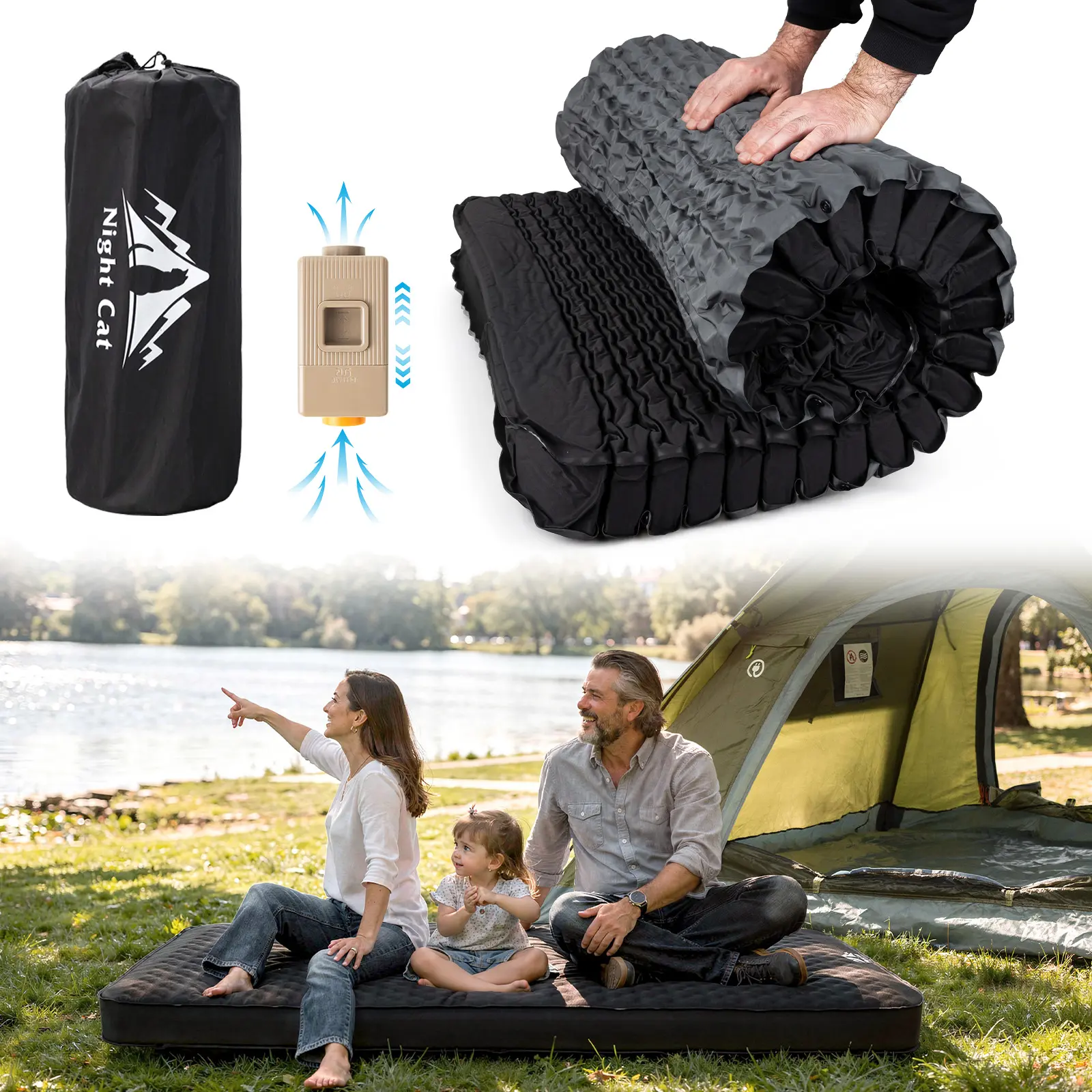 Night Cat 4" Thick Soft Warm Memory Foam Sleeping Pad - 79x30x4" Rectangular Single Person Mat with Built-in Quiet Noise-Free Electric USB Pump, Waterproof, Moisture-Proof, Foldable for Camping, Backpacking