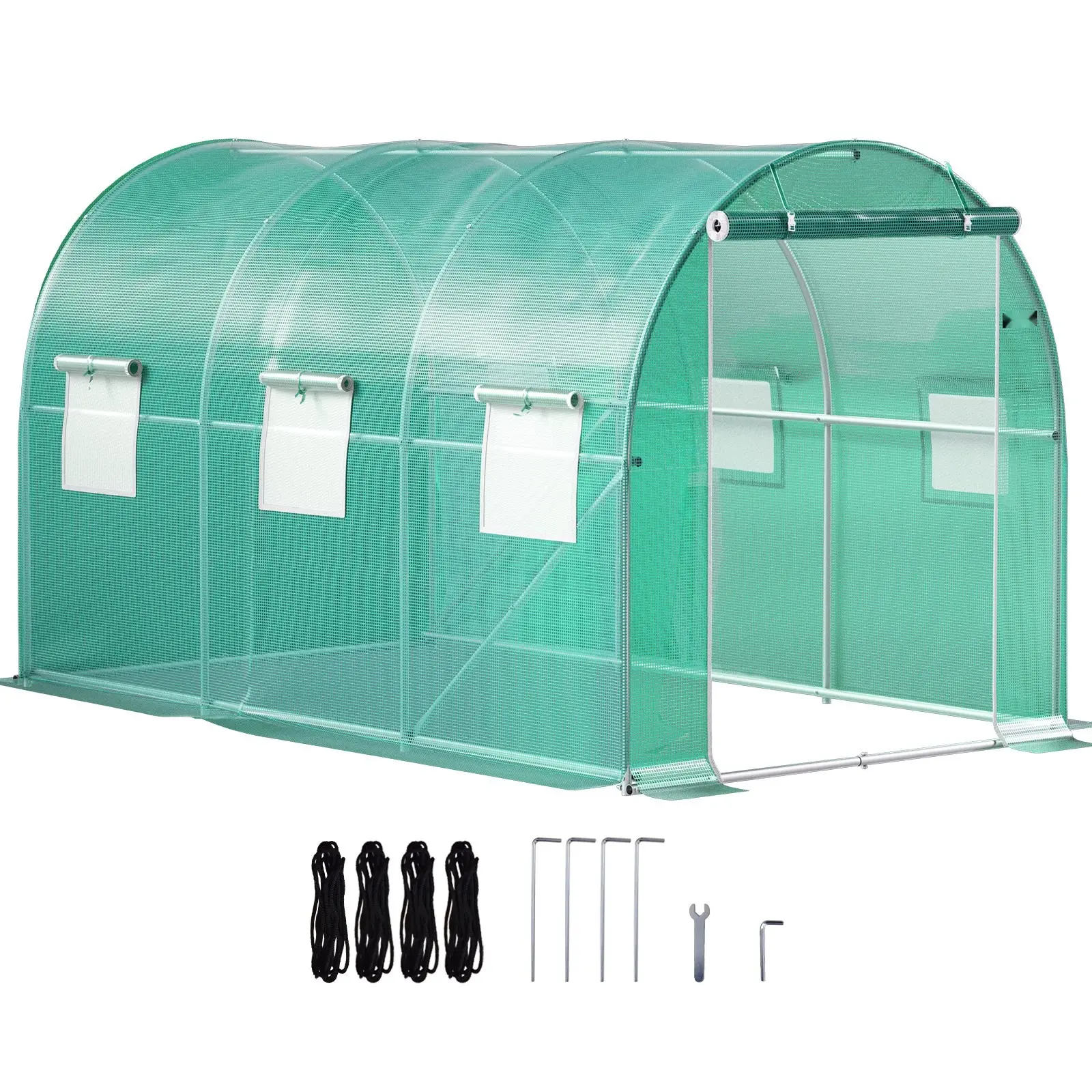 Walk-In Tunnel Greenhouse, 12 x 7 x 7 ft Portable Garden Plant Hot House with Galvanized Steel Hoops, One Top Beam, Diagonal Poles, Zippered Door, Six Roll-Up Windows, Weather-Resistant Outdoor Plant Shelter, Green