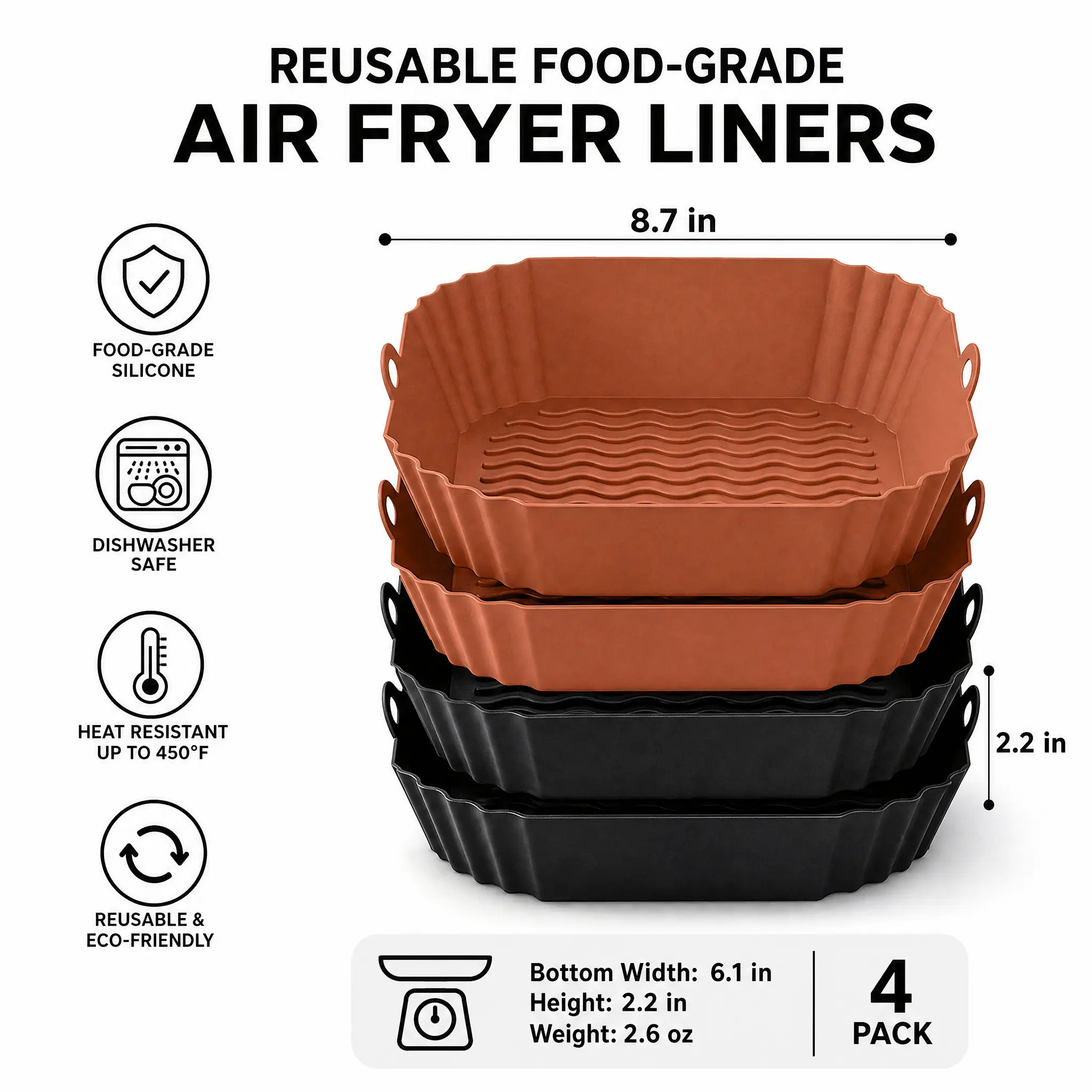 4-Pack Square Silicone Air Fryer Liners, 8.7 Inch Reusable Basket Liners with Handles, Easy-Clean Air Fryer Accessories, Black & Terracotta