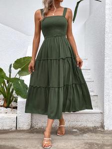women's frill trim ruffle hem shirred backless sundress cami dress, sleeveless a line long dress, women's clothing for summer beach holiday, boho clothes women, vintage girly clothes, womenswear