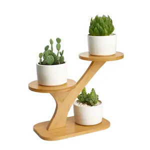 XXXFLOWER 3-Tier Bamboo Succulent Planter Set - Bamboo Structure with 3 Stackable Ceramic Pots, Aesthetic Desk Plant Stand, Household Items Decor for Living Room & Aesthetic Room Decor Gift