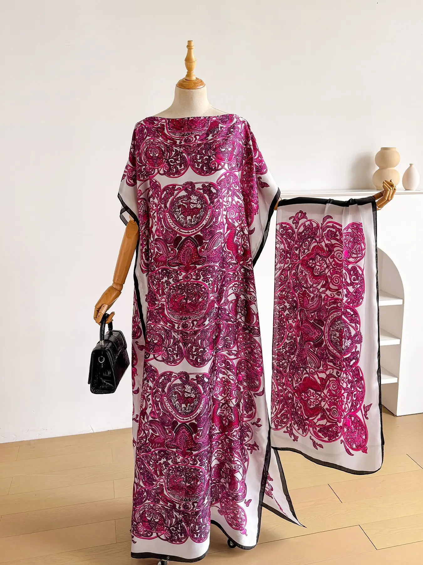 Women's Elegant Chic Baroque Print Robe Set, Long Dress + Headscarf Scarf Hairband, Beach Sun Protection Satin Silk Shawl, All Seasons Beachwear, Beach Cover Up