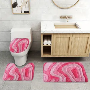 2D Flat, 3pcs Bathroom Mat Set in Soft-Toned Abstract Pink Ripple Print, Includes Toilet Lid Cover and U-Shaped Toilet Mat, Made of Flannel with Soft Surface, Thanksgiving Decoration, 2D Flat