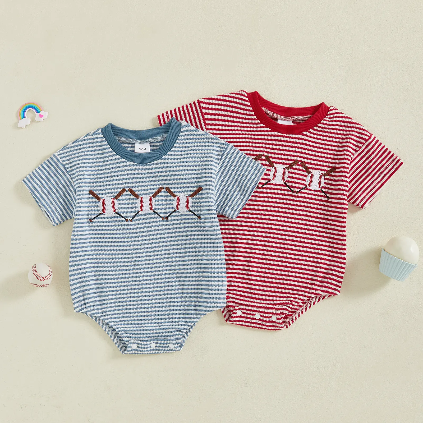 Newborn Infant Baby Boys Girl Baseball Rompers Embroidery Stripe Waffle Short Sleeve Summer Clothes Onesie Bodysuits Jumpsuits