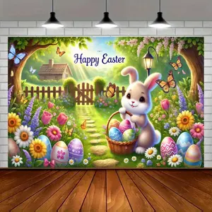 Easter Celebration Polyester Banner, Bright Rabbit & Egg Design, Home Garden Studio Decoration, Wall Hanging Backdrop, Party Background, Party Decorations Banners