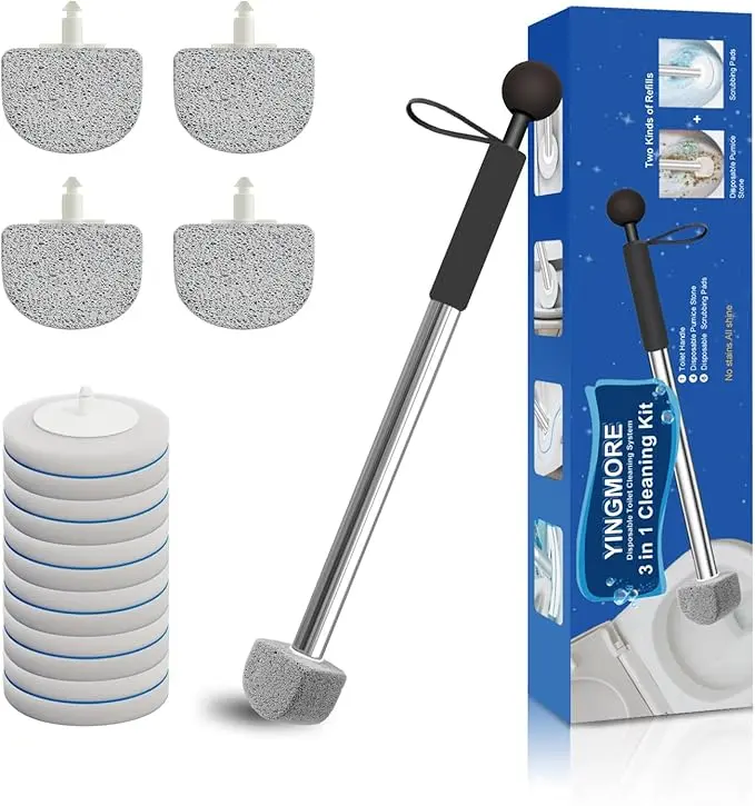 Toilet Pumice Stone with Handle, 16.14 Inch Pumice Stone Toilet Bowl Cleaner with 4 Pumice Stones ＆ 6 Sponge Toilet Cleaning Heads, Wall Mounted Toilet Cleaner Compact Toilet Bowl Brush