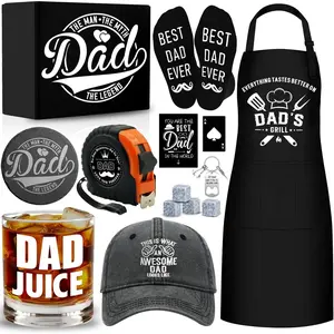 14 count Dad Gifts,   Father Ever  with 11 Oz Dad Juice  Glass 4  Stones Coaster Apron Hat Sock Tape Measure , Birthday Father's Day Christmas  for Papa, Husband
