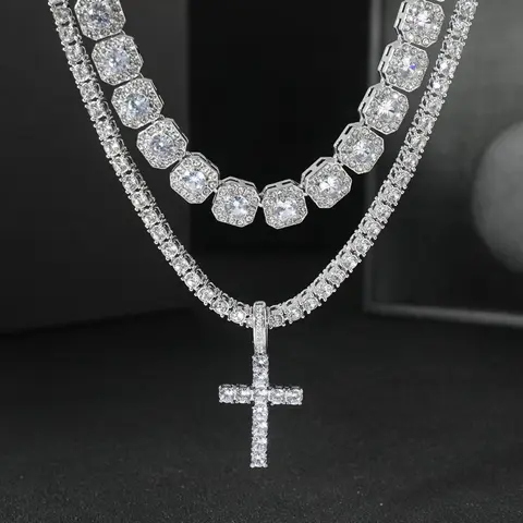 2pcs/set Stunning Hip Hop Cuban Chain Cross Design Pendant Necklace - Fashion Pendants for Women and Men with Jewelry Gift Idea
