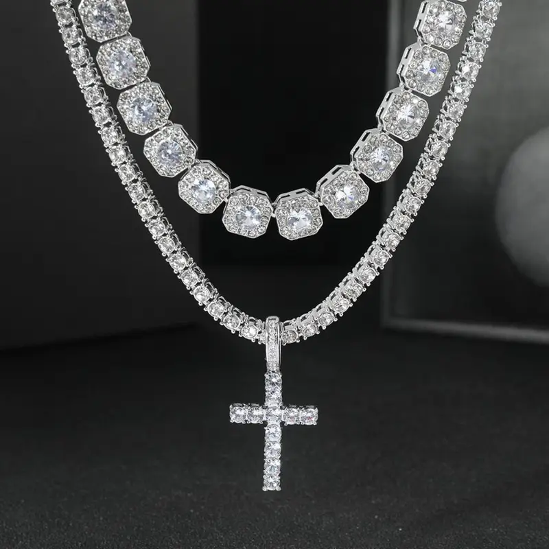 2pcs/set Stunning Hip Hop Cuban Chain Cross Design Pendant Necklace - Fashion Pendants for Women and Men with Jewelry Gift Idea