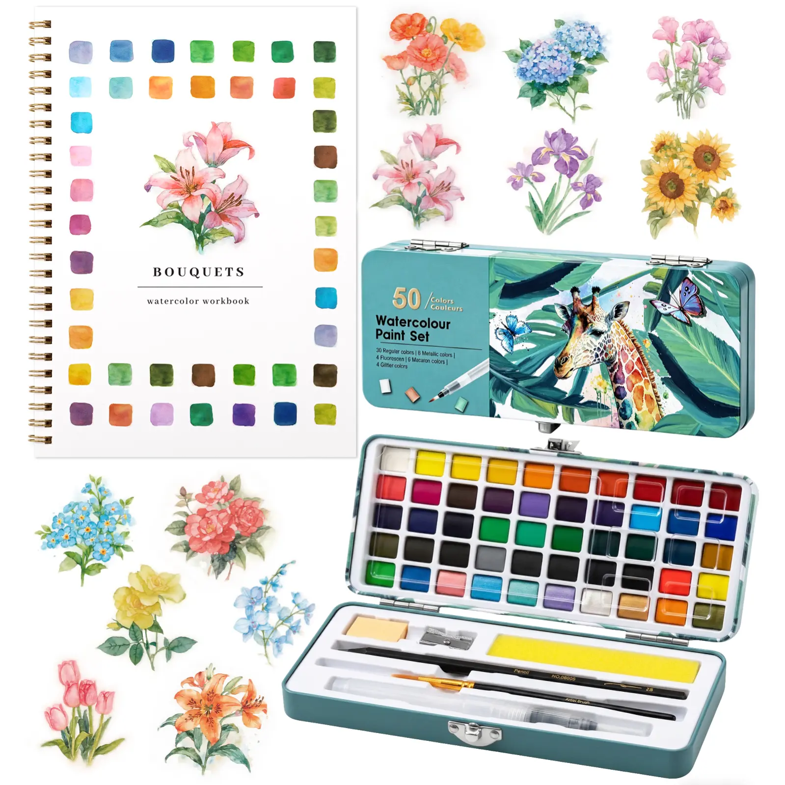 Watercolor Paint Set with Palette and Brush, Watercolor Workbook, Water Coloring Book, 12 Different Patterns of Original DIY Designs, Beginner-Friendly Watercolor Workbook for Bouquet Painting