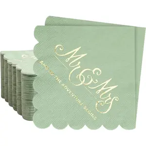 100 Pcs Scalloped Disposable Wedding Napkins Gold Foil Mr and Mrs Sage Green Cocktail Napkins for Wedding Dinner Party