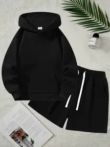 Men's Casual Solid Color Sportswear Set, Hooded Sweatshirt & Shorts, Unisex Two-Piece Homewear, Suitable for Daily Wear and Outdoor Activities