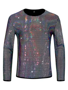 INSPIRE CHIC Sequins T-Shirt for Men's Crew Neck Long Sleeves Party Clubwear Sparkly Tee Tops