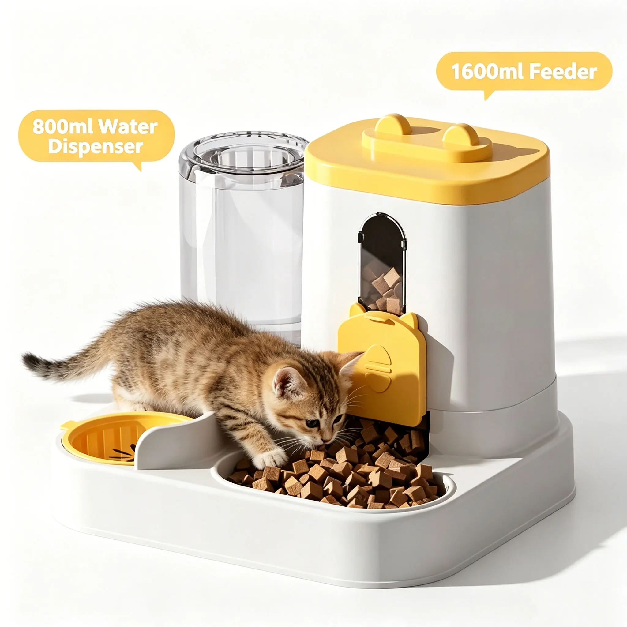 2-in-1 Gravity Pet Feeder & Water Dispenser, 1600ml Food & 800ml Water Automatic Pet Bowls, Cat-Shaped Auto Feeding Station with Large Capacity, Detachable & Non-Slip Base for Cats, Puppies & Small Pets -- bowl medium breed slobber airtight goods