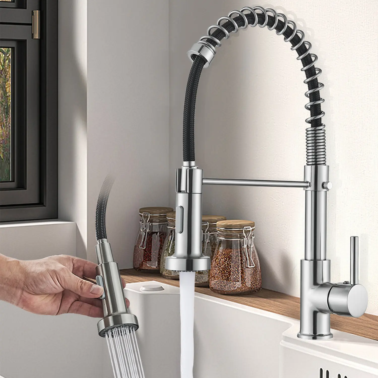 High Arc Kitchen Faucets Brushed Nickel Kitchen Sink Faucet with Pull Down Sprayer Single Handle Swivel Faucet Suitable for Farmhouse Camper Laundry Rv Bar