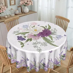 1pc Classic-Style Round Tablecloth featuring Purple Floral and Butterfly Prints, 2D Flat Design, crafted from 120g/m² Twill Polyester. A protective cover for furniture, ideal as a decorative accent for parties and gatherings, Daily Use