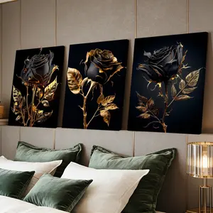 3 Counts Wooden Framed Canvas Painting, Elegant Black And Gold Rose Artwork, Exquisite Poster, Perfect Living Room Decoration, Modern Art, Fashion Family Poster, Wall Art Decoration, Waterproof Art, Modern Home Decoration
