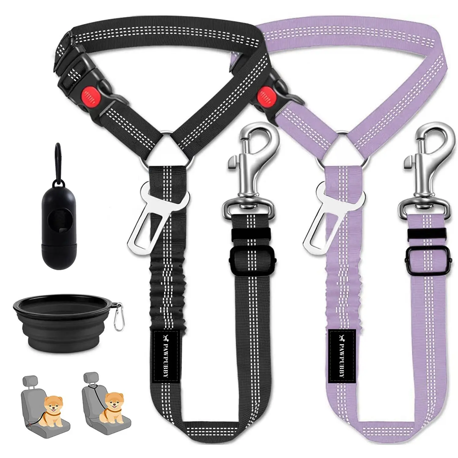 PAWPUBBY 4-Piece Dog Car Seat Belt Set with Poop Bag Holder & Bowl - Solid Durable Adjustable Straps, Universal Safety Harnesses, Travel Safety Dog Accessories for Pet Lovers