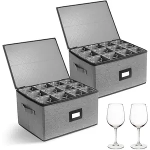2 Pack Wine Glass Storage Moving Box with Dividers, Hard Shell Container Holds 24 Stemware Glasses, Packing Boxes with Lid Handle for Moving Organizing, Perfect Moving Gift Essentials